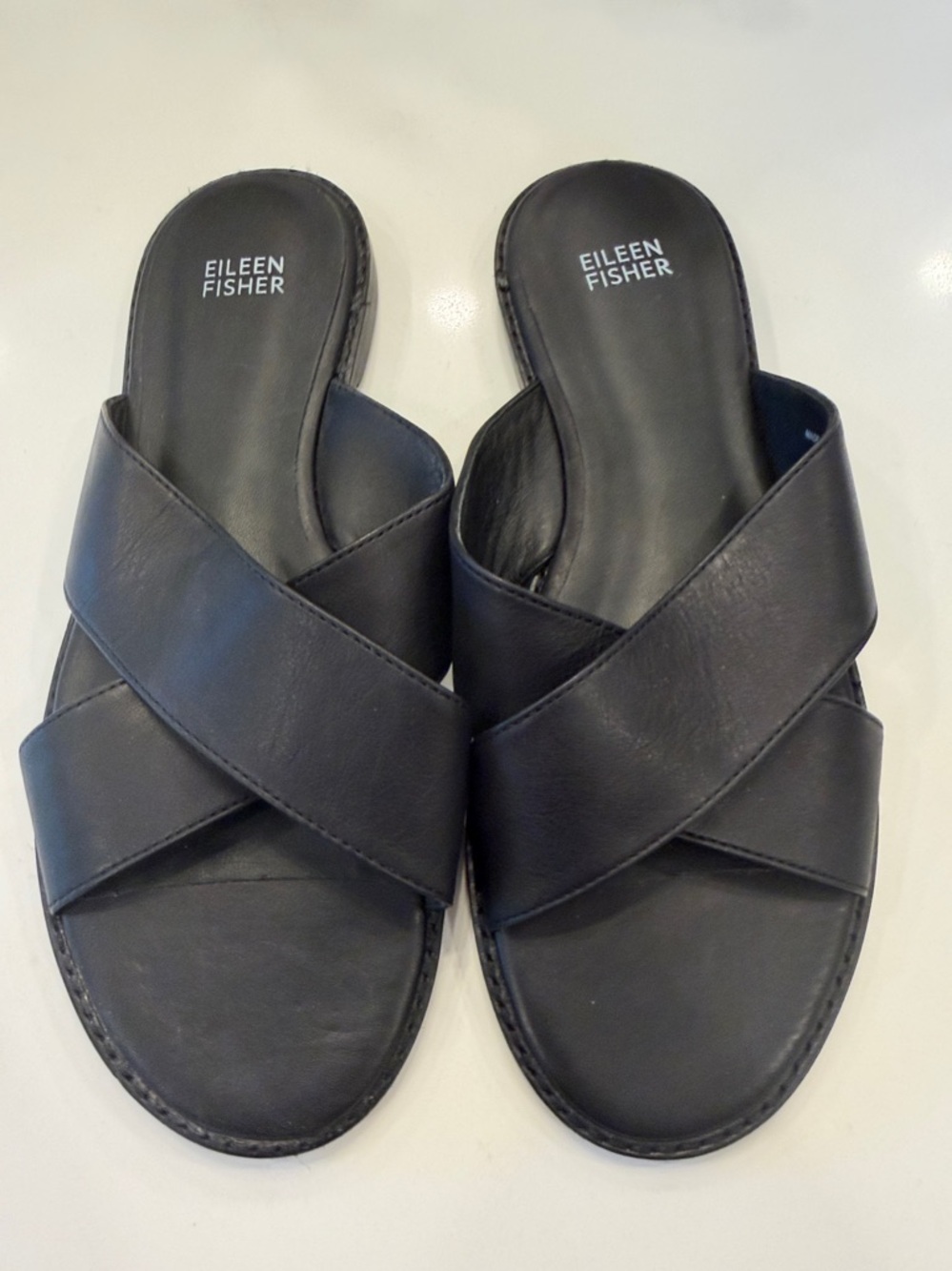 Eileen Fisher Black Leather Crisscross Slide Sandals